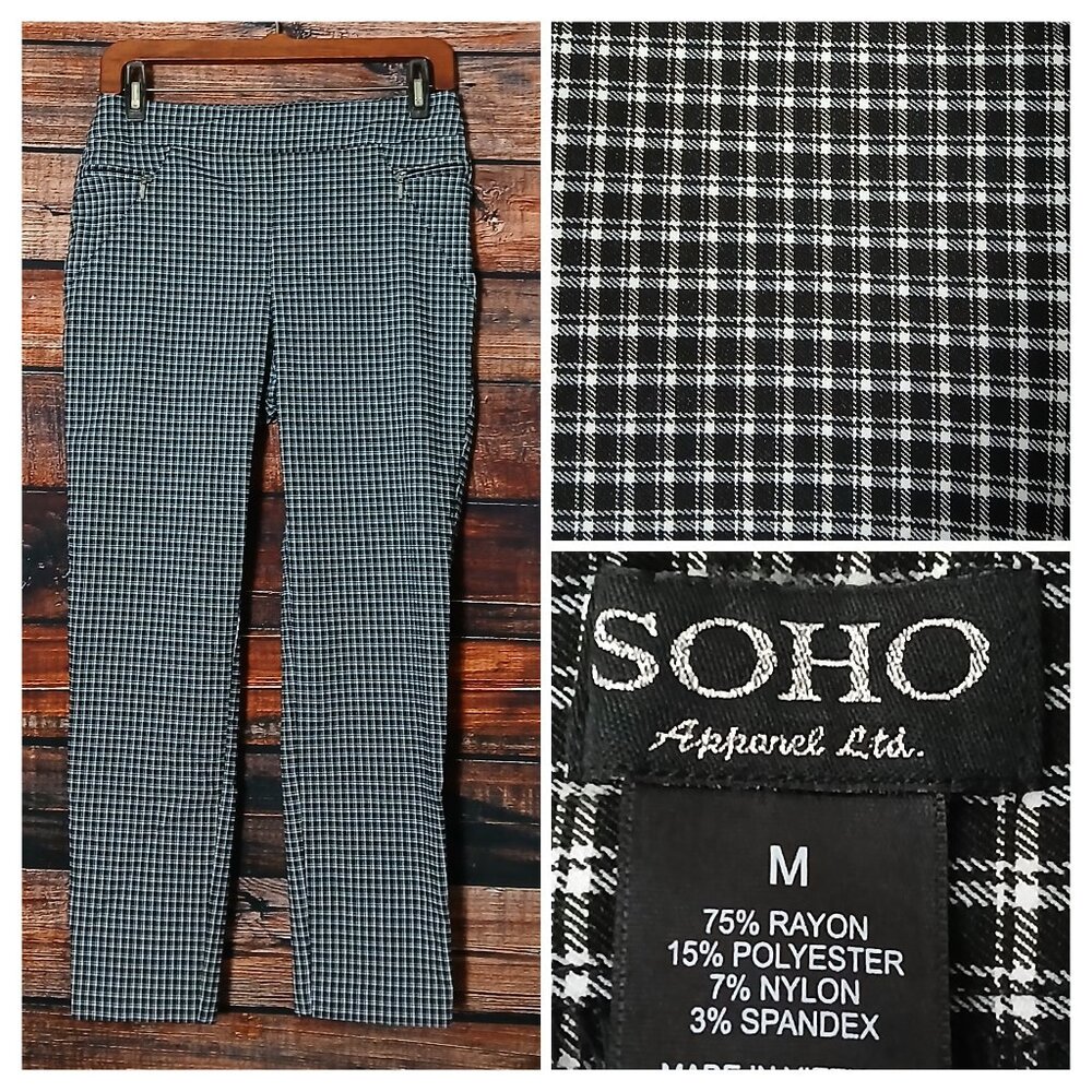 SOHO Pants M Pull On Ponte Skinny Ankle Crop High Rise Black White Check Stretch